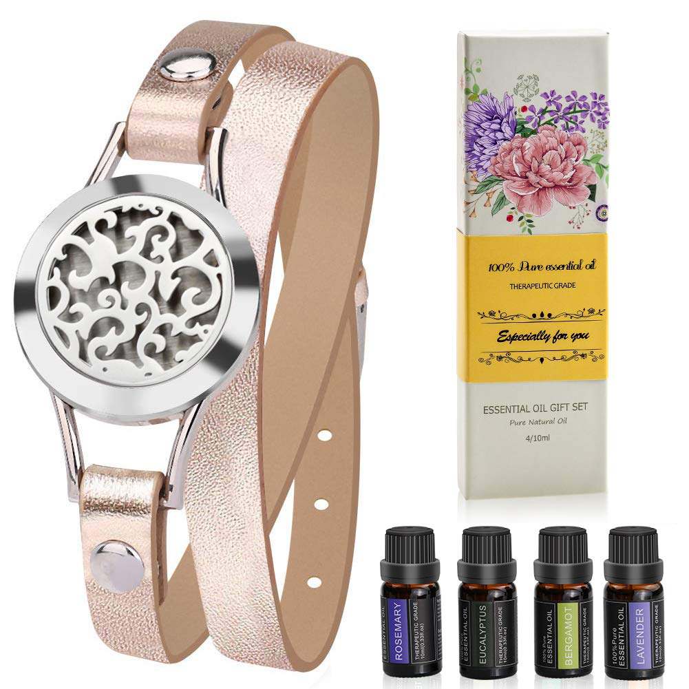 Aromatherapy Essential Oil Leather Diffuser Bracelet w/Tea Tree, Lemongrass, Orange and Peppermint -10ML/pcs, Unique Gift Ideas for Women, Girls, Friend, Mom at Anniversaries, Birthday and Christmas Arts & Entertainment > Party & Celebration > Gift Giving SOMORA Gold