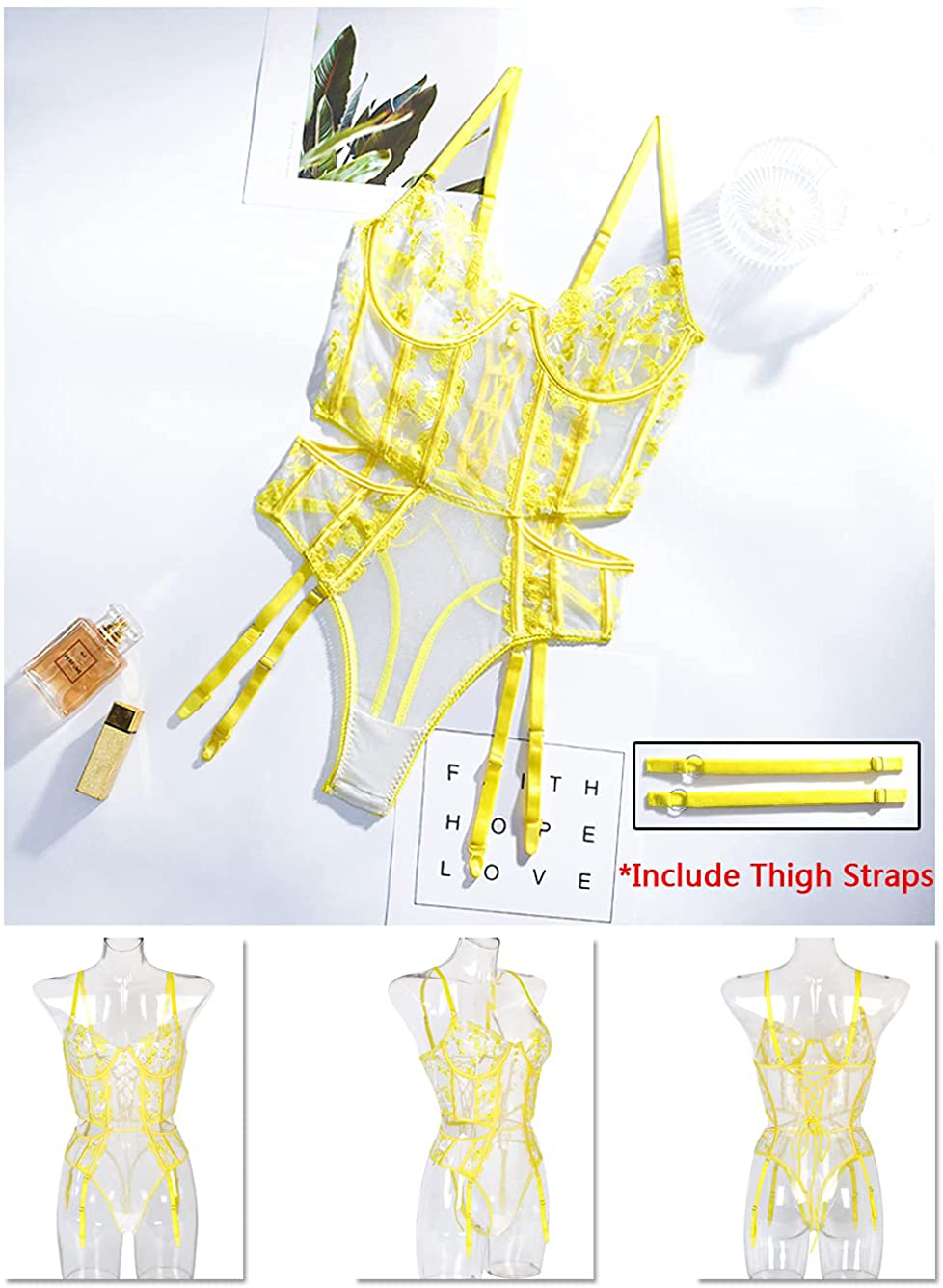 Kaei&Shi Teddy Lingerie for Women,Embroidered Lace Bodysuit with Garter,Snap Crotch One Piece Body Suit Apparel & Accessories > Clothing > Underwear & Socks > Lingerie Kaei&Shi