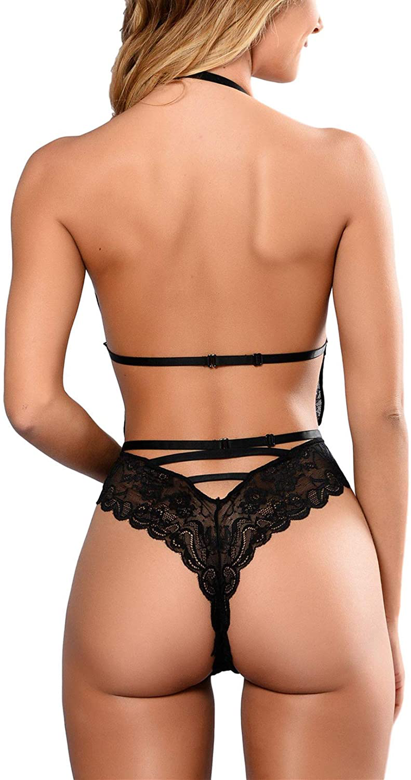 Sexy Lingerie for Women Deep V Halter Lace Bodysuit Naughty Strap Backless One Piece Teddy Apparel & Accessories > Clothing > Underwear & Socks > Lingerie Ella Lust
