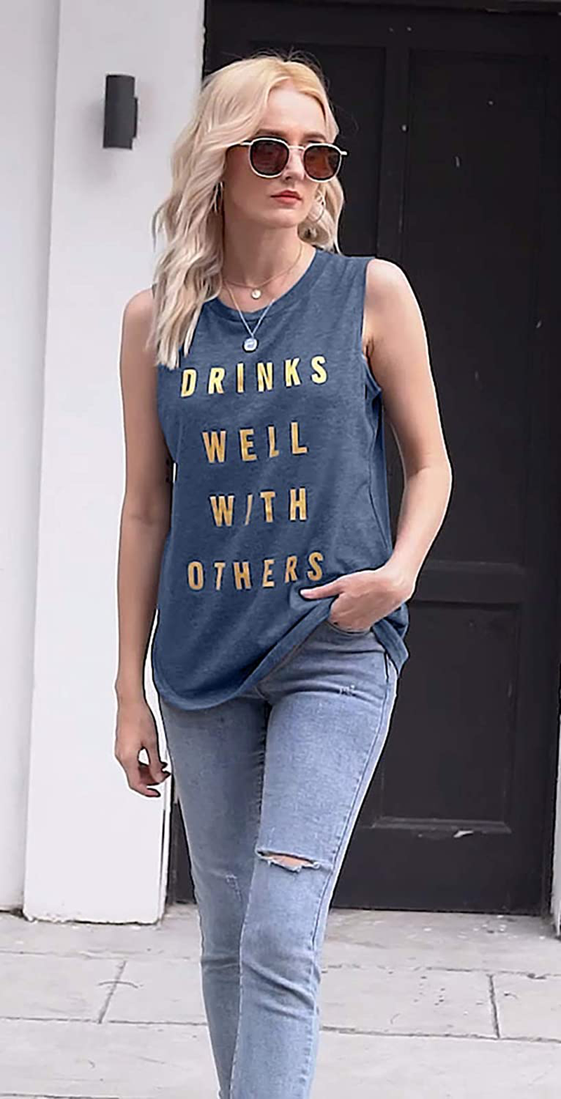 Drinks Well with Others Muscle Tank Tops Womens Funny Drinking Alcohol Sleeveless Letter Printed Graphic Tee Shirt Tops Apparel & Accessories > Clothing > Activewear Kylie Max