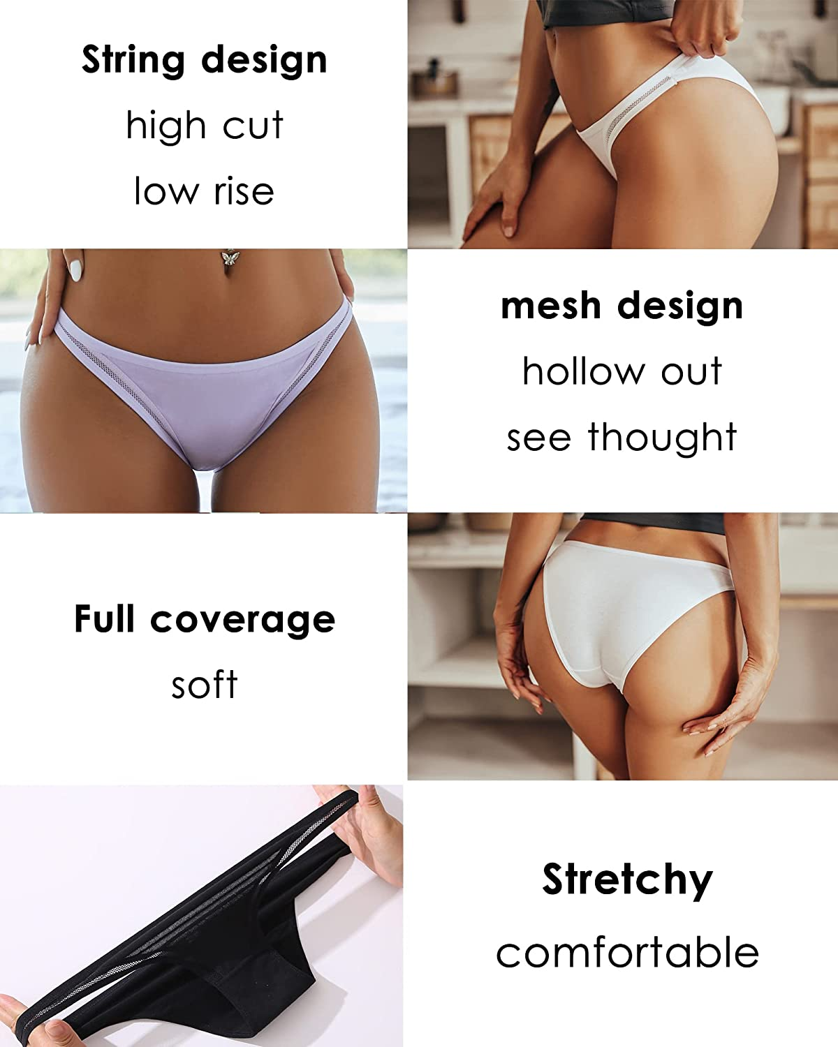 FINETOO 6 Pack Cotton Underwear for Women, Breathable Soft Stretch Hipster High Cut Cheeky String Bikini Panties Apparel & Accessories > Clothing > Underwear & Socks > Underwear KYLIE MAX
