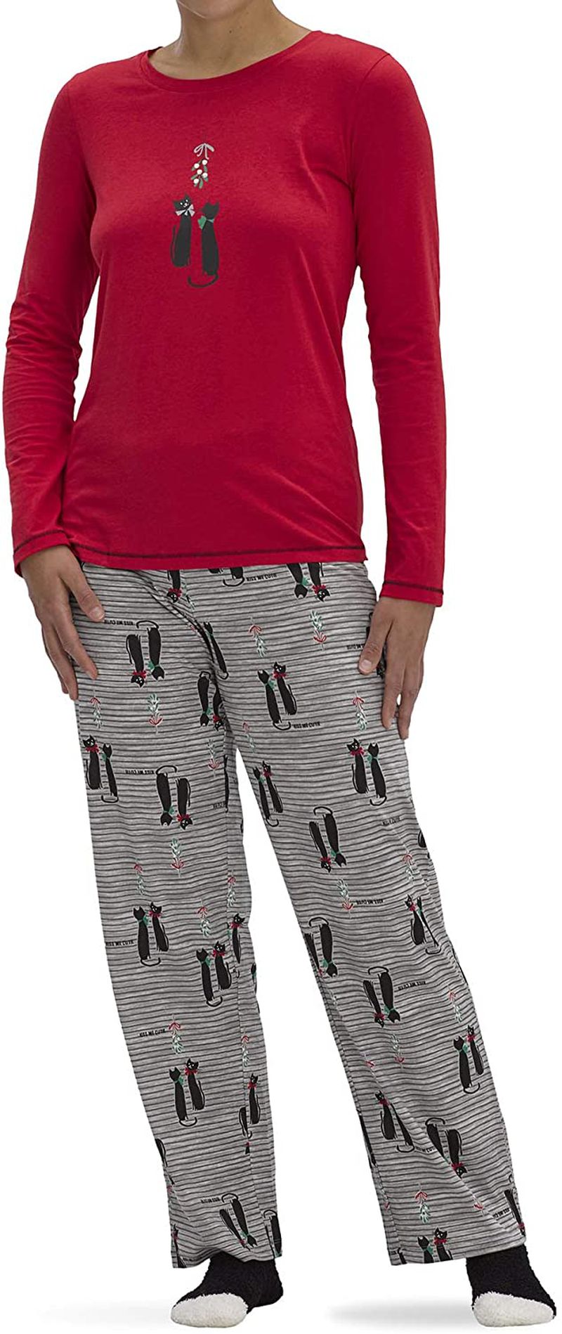 HUE Women's Printed Knit Tee and Pant 3 Piece Pajama Set Apparel & Accessories > Clothing > Sleepwear & Loungewear > Pajamas HUE Tango Red - Kiss Me Cat Large