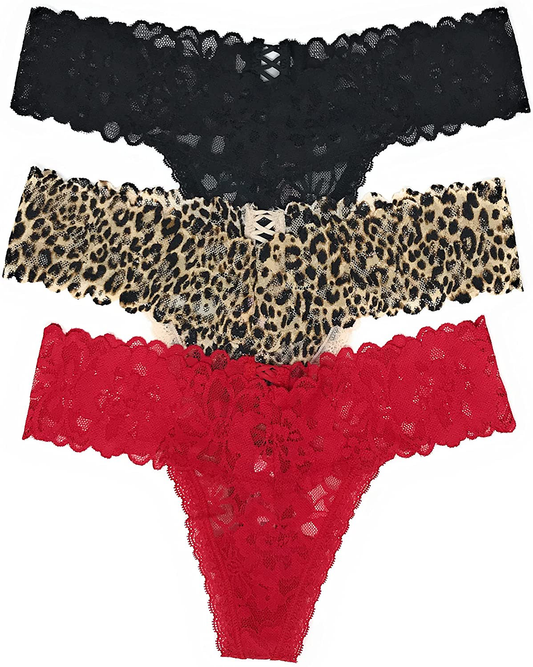 Victoria's Secret The Lacie Thong Panty Set of 3 Apparel & Accessories > Clothing > Underwear & Socks > Underwear Victoria's Secret Black Cross / Leo Cross / Red Cross Small