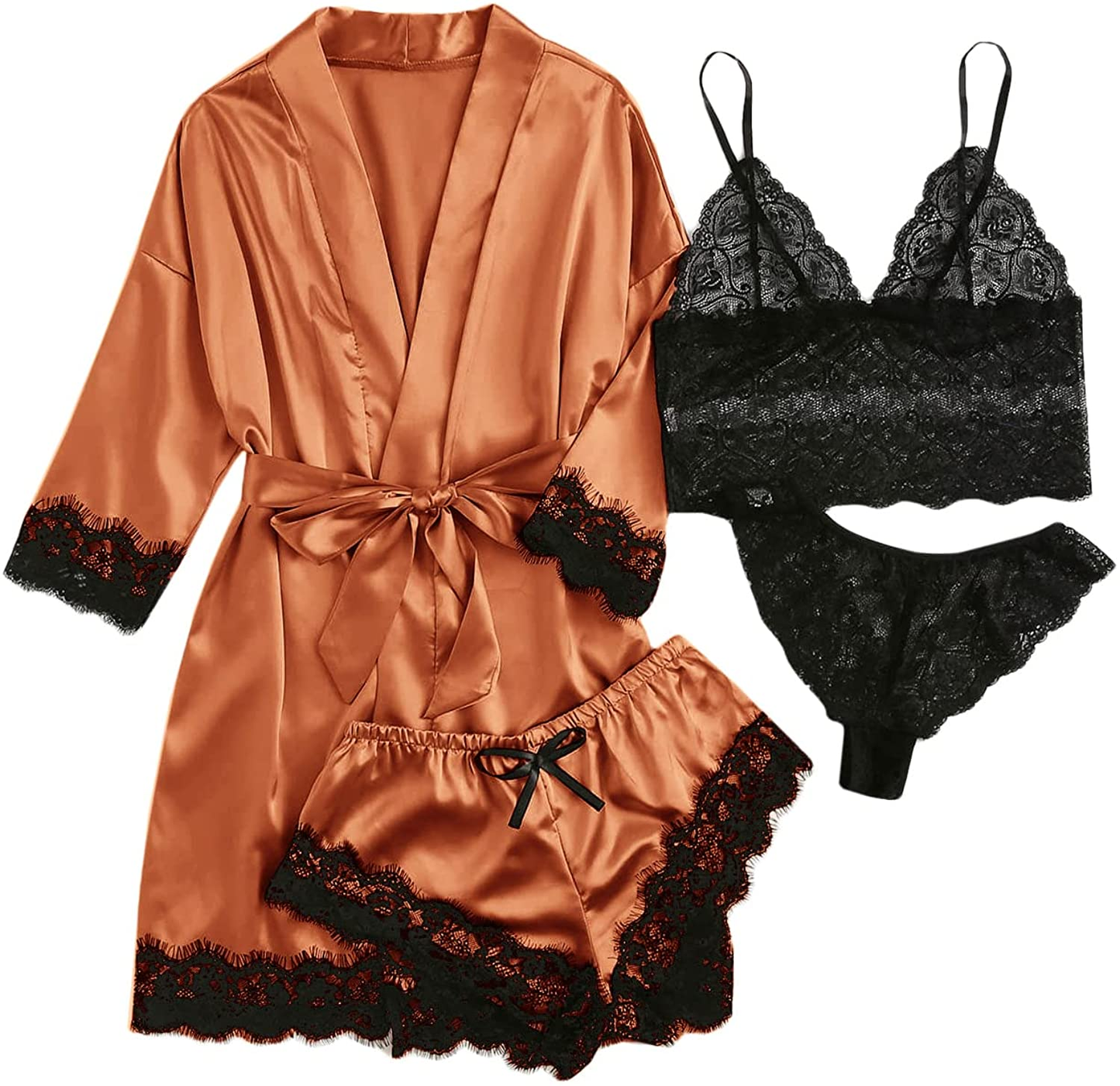 WDIRARA Women'S 4 Pieces Satin Floral Lace Cami Top Lingerie Pajama Set with Robe Apparel & Accessories > Clothing > Underwear & Socks > Lingerie WDIRARA Pure Orange X-Large