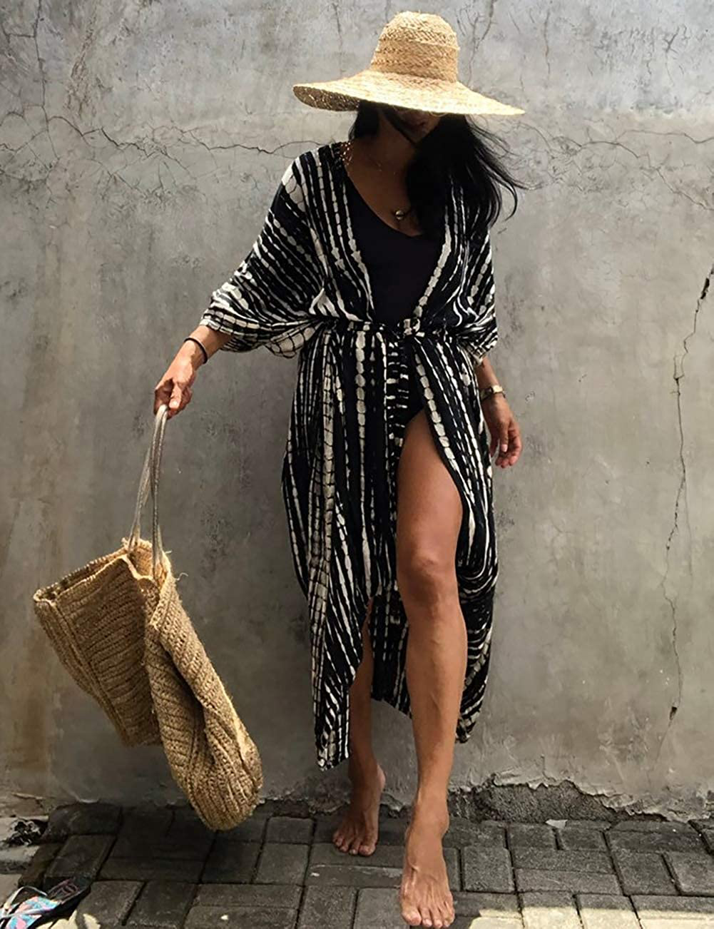Bsubseach Stylish Tie Dye Open Front Long Kimono Swimsuit Cover up for Women Apparel & Accessories > Clothing > Swimwear Kylie Max