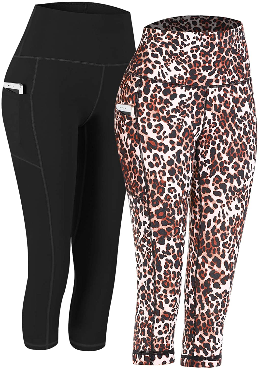 Fengbay 2 Pack High Waist Yoga Pants, Pocket Yoga Pants Tummy Control Workout Running 4 Way Stretch Yoga Leggings Apparel & Accessories > Clothing > Activewear Fengbay Capris Black & Light Yellow Leopard Large