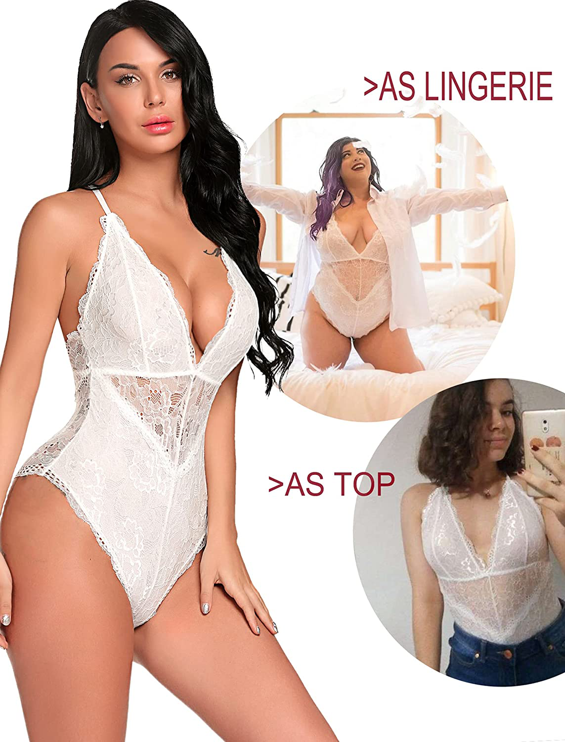 Avidlove Women Snap Crotch Lingerie Sexy Lace Bodysuit Deep V Teddy One Piece Lace Babydoll Apparel & Accessories > Clothing > Underwear & Socks > Lingerie Avidlove