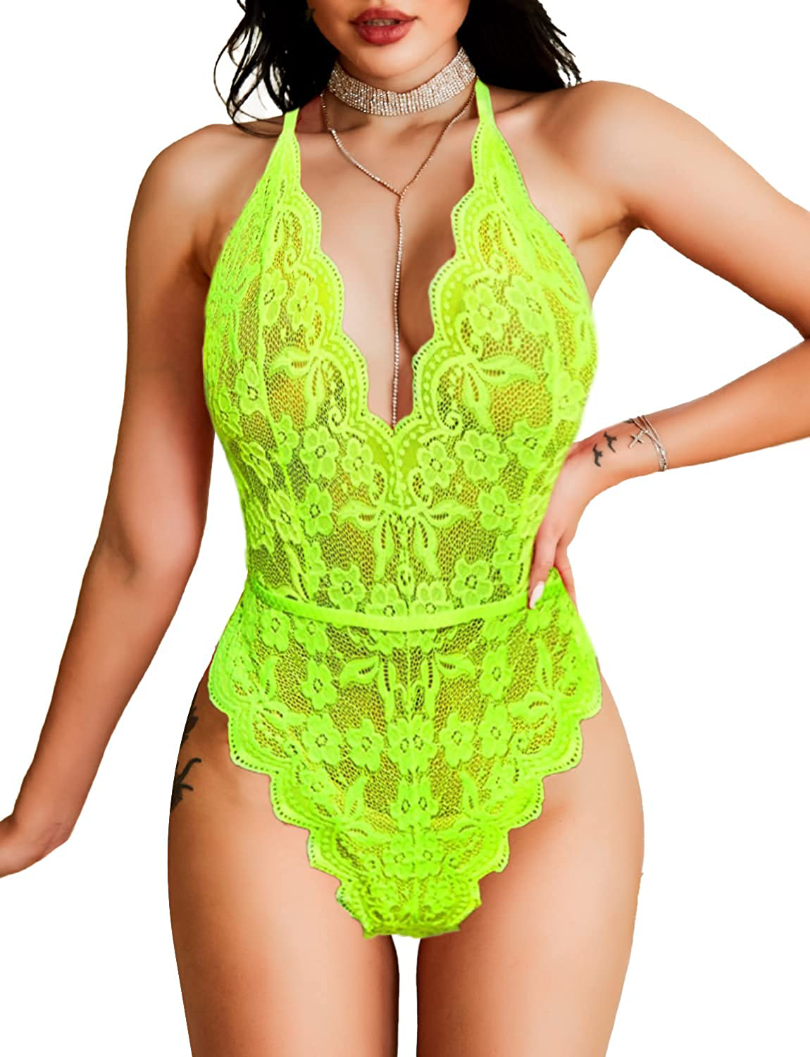 Lace Bodysuit for Women Lingerie Eyelash Teddy Lingerie Naughty Negligee Bodysuit Underwear Apparel & Accessories > Clothing > Underwear & Socks > Lingerie Dlsave Yellow Large