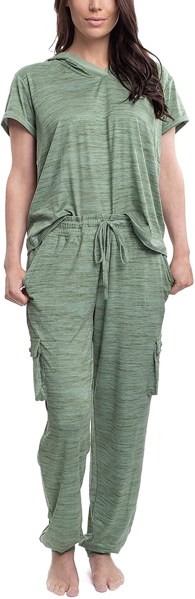 Hanes Women's Short Sleeve Top and Jogger Pant Cargo Pajama Sleep Set with Pockets Apparel & Accessories > Clothing > Sleepwear & Loungewear > Pajamas Hanes Heather Green Medium