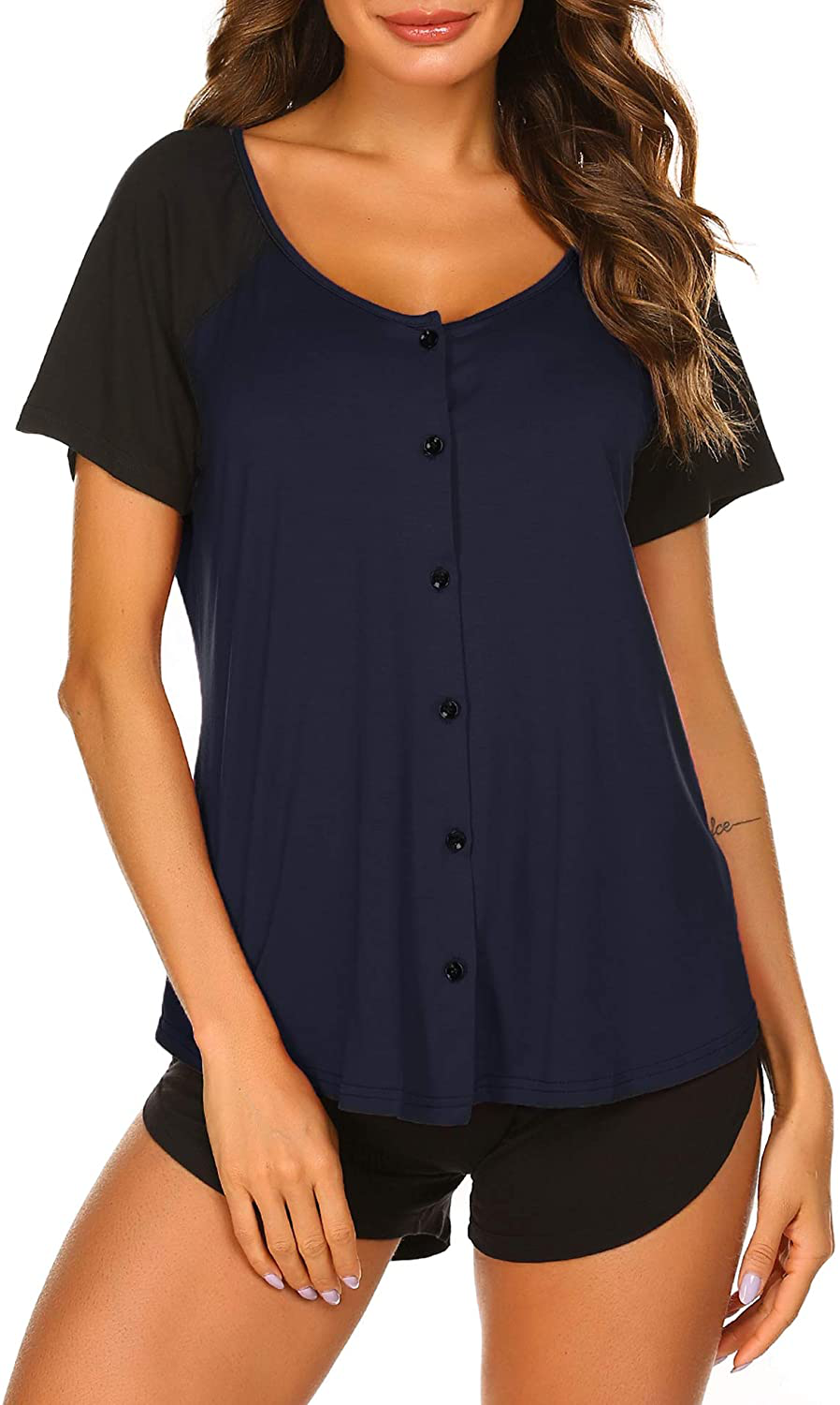 Ekouaer Women's Pajama Short Sleeve Sleepwear Soft Pj Set Top and Shorts Pajamas Set Apparel & Accessories > Clothing > Sleepwear & Loungewear > Pajamas Ekouaer Style 1_navy Blue Small