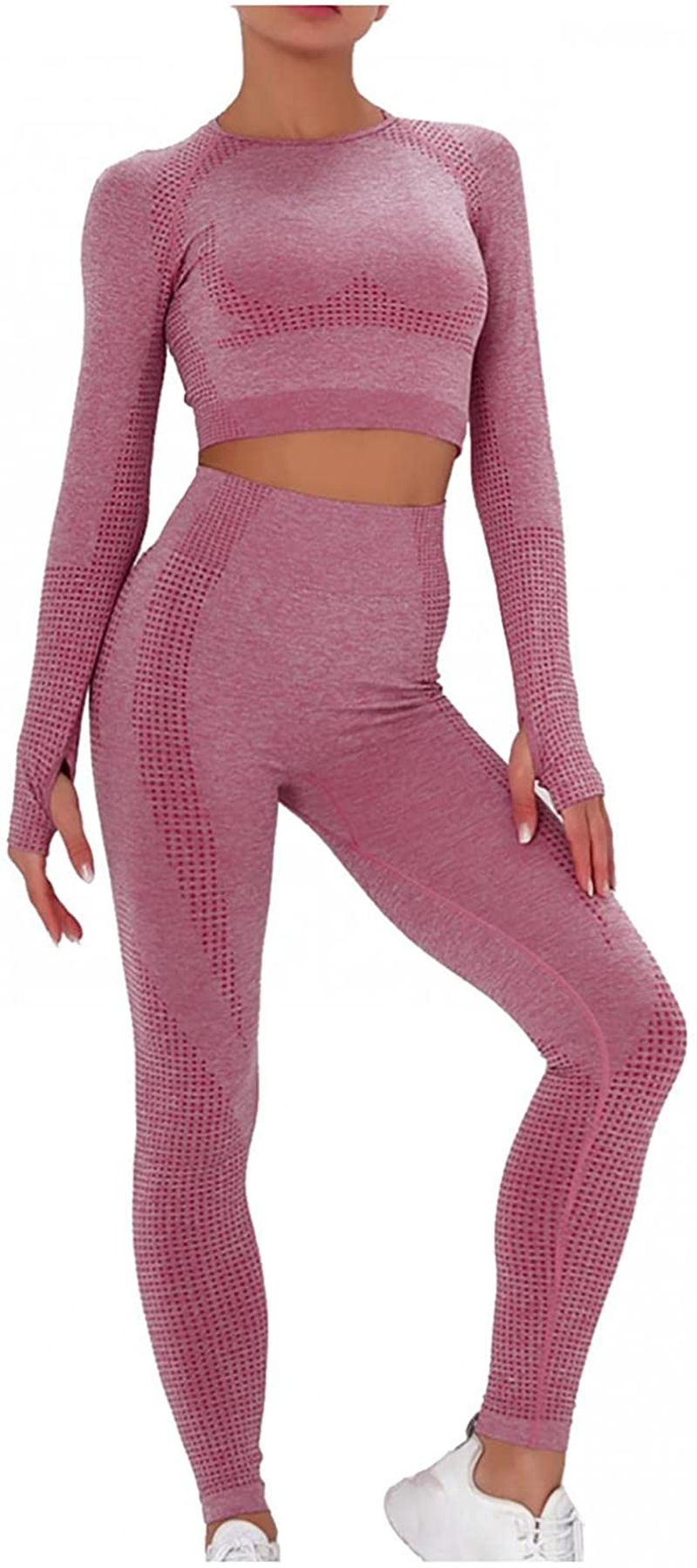 Burband Workout Lounge Sets for Women 2 Piece Outfits Solid Long Sleeve Crop Tops and Ribbed Seamless Leggings Gym Yoga Sets Apparel & Accessories > Clothing > Underwear & Socks > Shapewear Burband Wine Medium