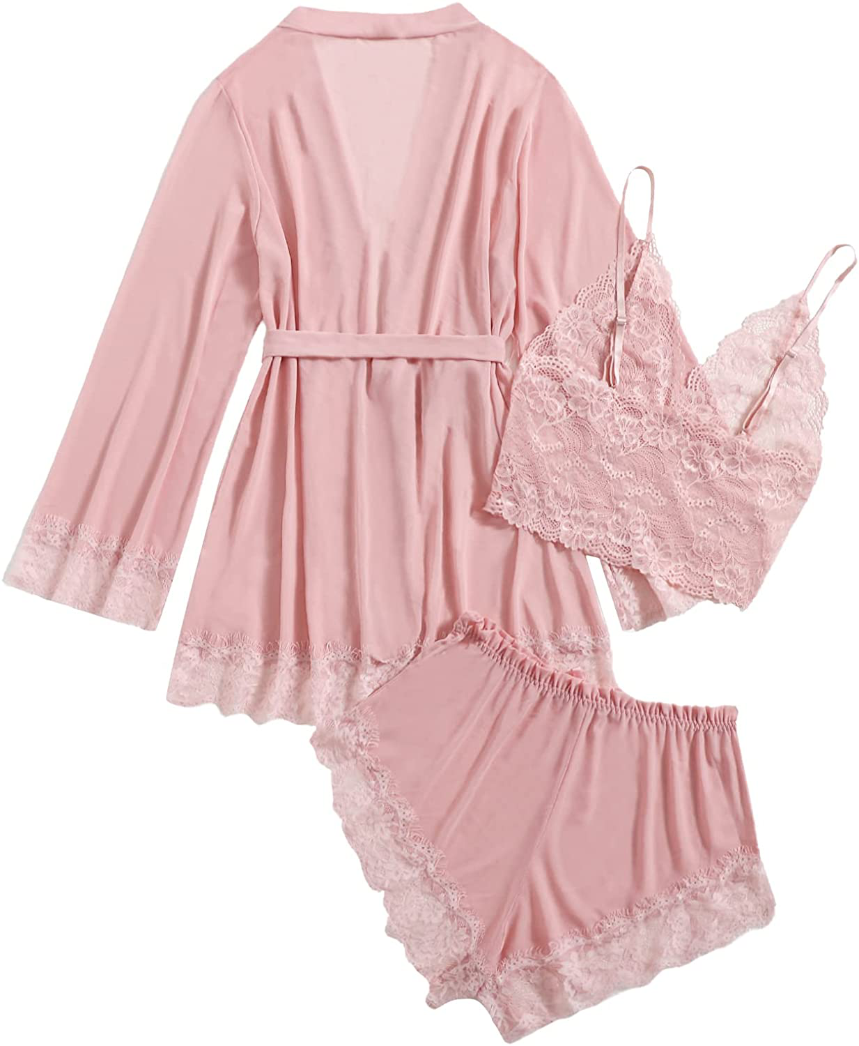 SOLY HUX Women'S 3 Piece Contrast Lace Sleepwear Cami Top and Shorts Pajama Set with Belted Robe Apparel & Accessories > Clothing > Sleepwear & Loungewear Kylie Max
