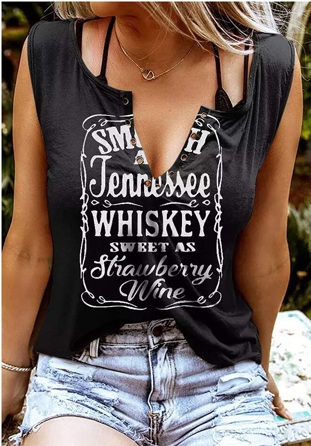 Smooth as Tennessee Whiskey Sweet as Strawberry Wine Shirt Ring Hole Sleeveless V-Neck Tank Top Womens Country Music Tee Apparel & Accessories > Clothing > Activewear Kylie Max