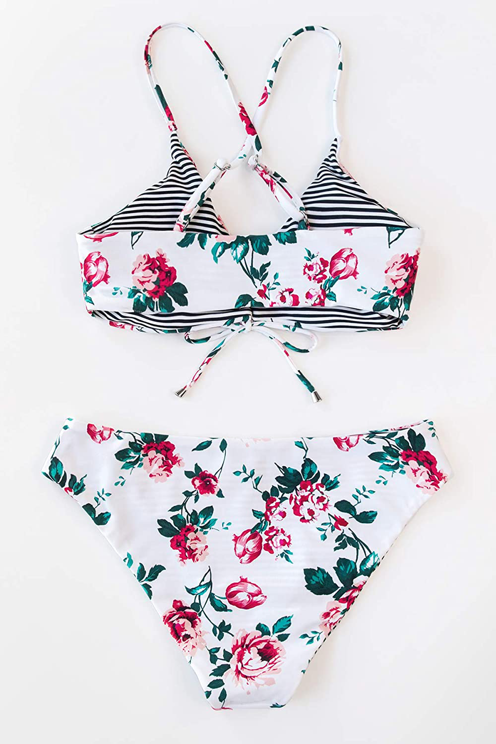 CUPSHE Women's Reversible Lace Up Bikini Sets Floral and Striped Apparel & Accessories > Clothing > Swimwear CUPSHE
