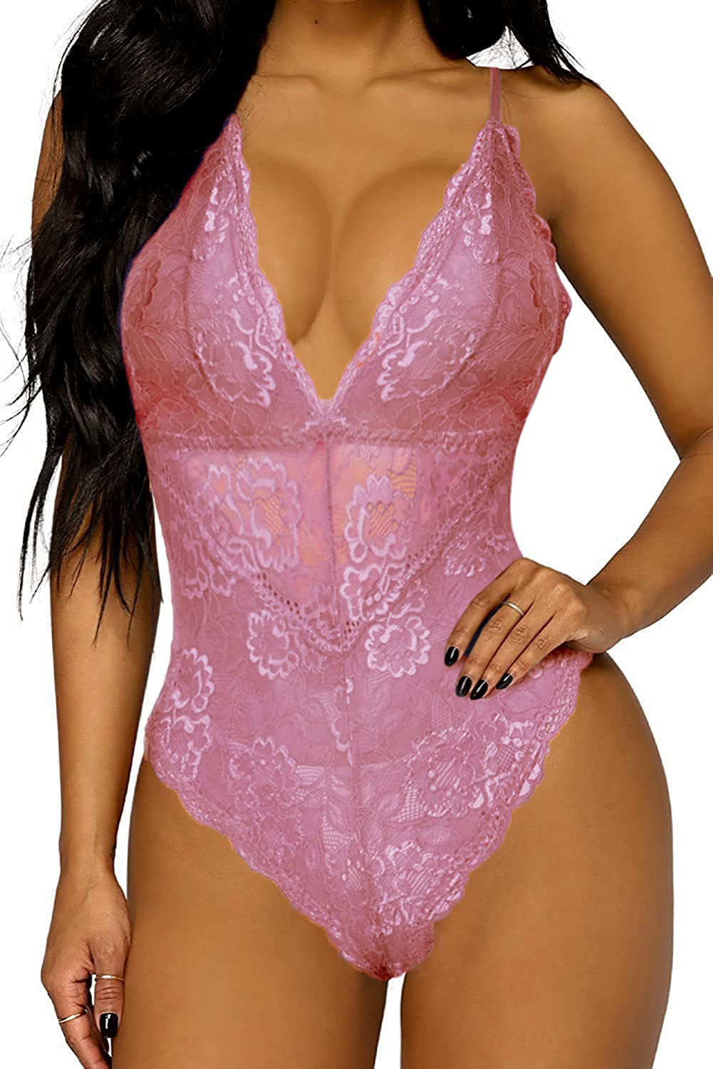 Aranmei Women Deep V Sexy Lace Bodysuit Snap Crotch Lingerie Teddy Underwear Apparel & Accessories > Clothing > Underwear & Socks > Lingerie Aranmei Blush X-Large