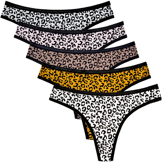 Knitlord 6 Pack Women's Thongs Underwear Cotton Breathable Panties Hipster Bikini Apparel & Accessories > Clothing > Underwear & Socks > Underwear KNITLORD Leopard - 5 Pack Medium