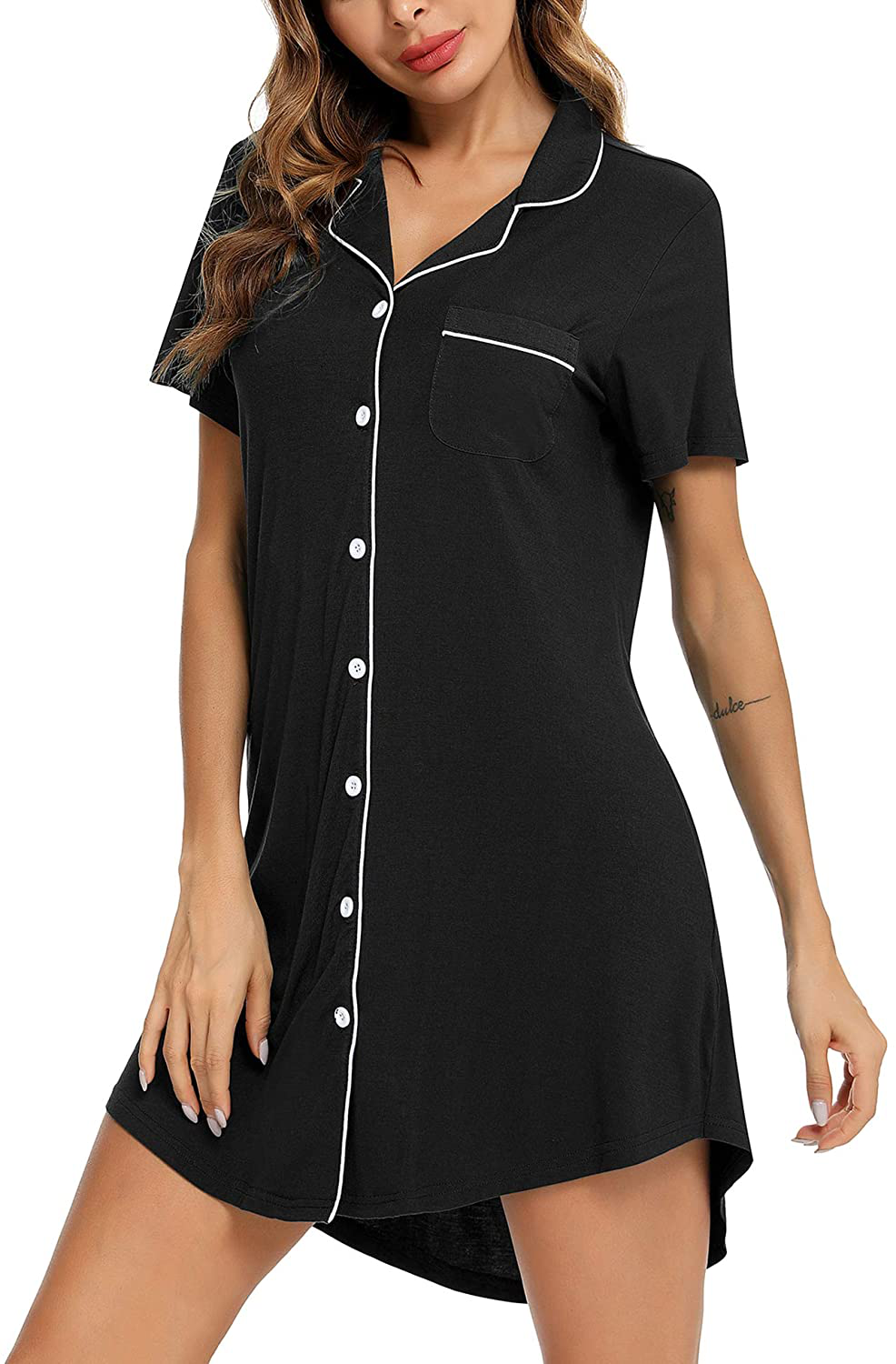 Samring Nightgown for Women Sleep Shirt Short Long Sleeve Sleepwear Boyfriend Nightshirt Button down Pajama Dress S-XXL Apparel & Accessories > Clothing > Sleepwear & Loungewear > Nightgowns Kylie Max