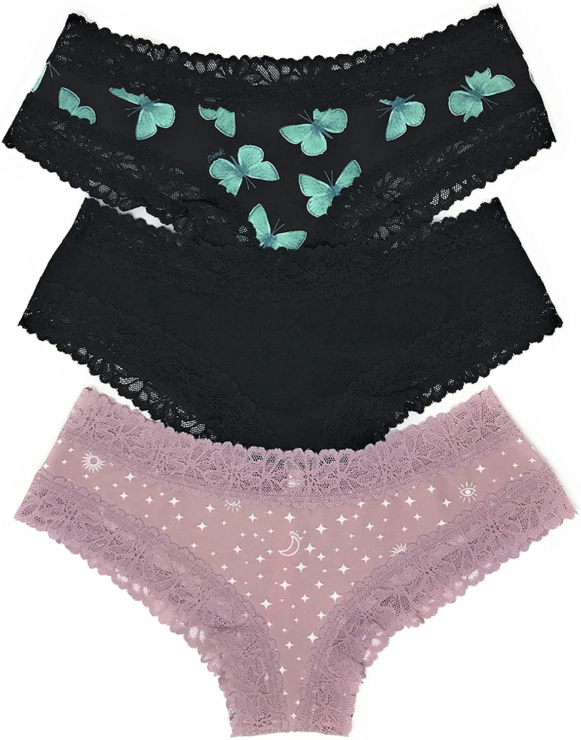 Victoria'S Secret Pink Cheekster Panty Set of 3 Victoria's Secret Lace Trim Butterflies / Black / Mauve Celestial Large