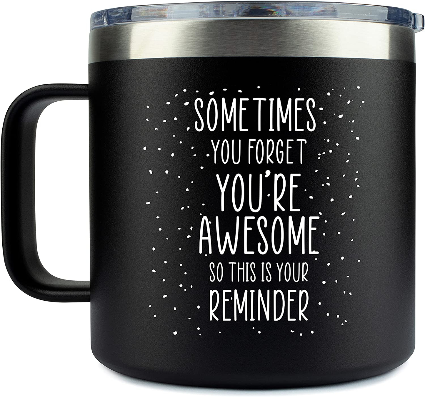 Side view of stainless steel tumbler with quote text