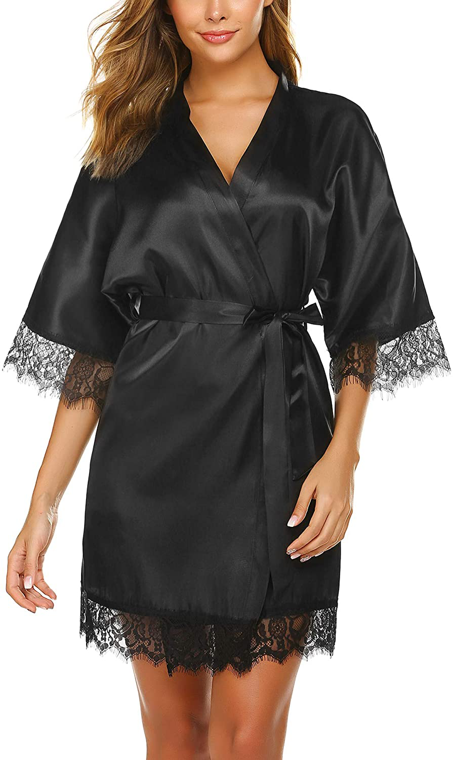 Avidlove Women Satin Kimono Robes Silk Short Bridesmaid Robe Lingerie Dressing Gown S-XXL Apparel & Accessories > Clothing > Sleepwear & Loungewear > Robes Avidlove Black Small