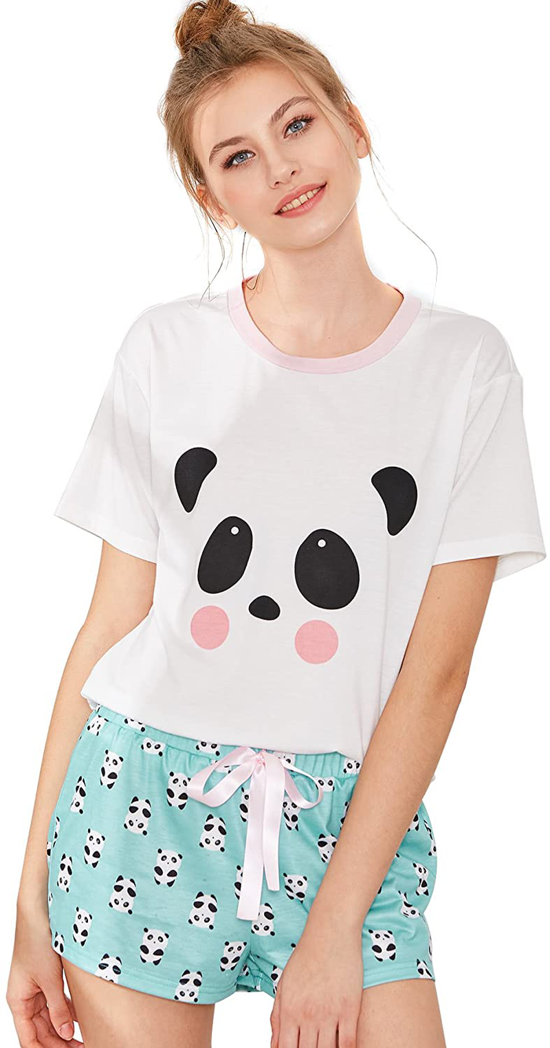 DIDK Women's Cute Cartoon Print Tee and Shorts Pajama Set Apparel & Accessories > Clothing > Sleepwear & Loungewear > Pajamas DIDK Panda White Large