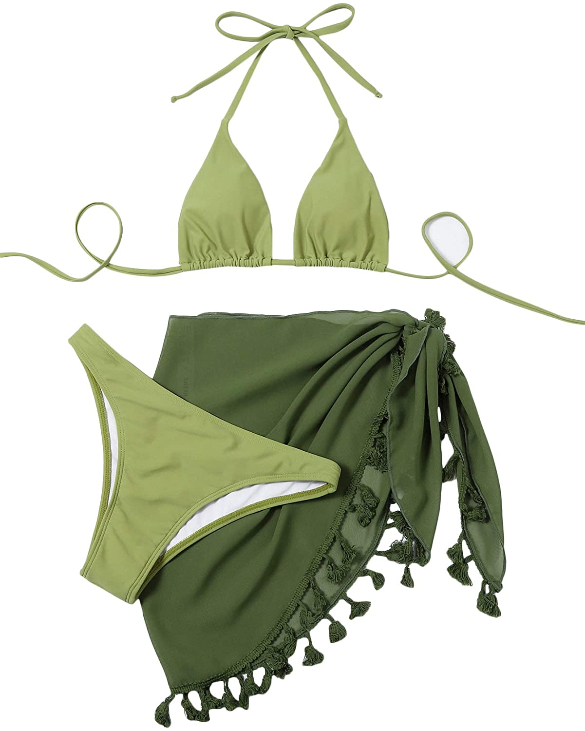 SOLY HUX Women'S Tie Dye Wrap Bikini Bathing Suits with Mesh Beach Skirt 3 Piece Swimsuits Apparel & Accessories > Clothing > Underwear & Socks > Lingerie KYLIE MAX Olive Green Large