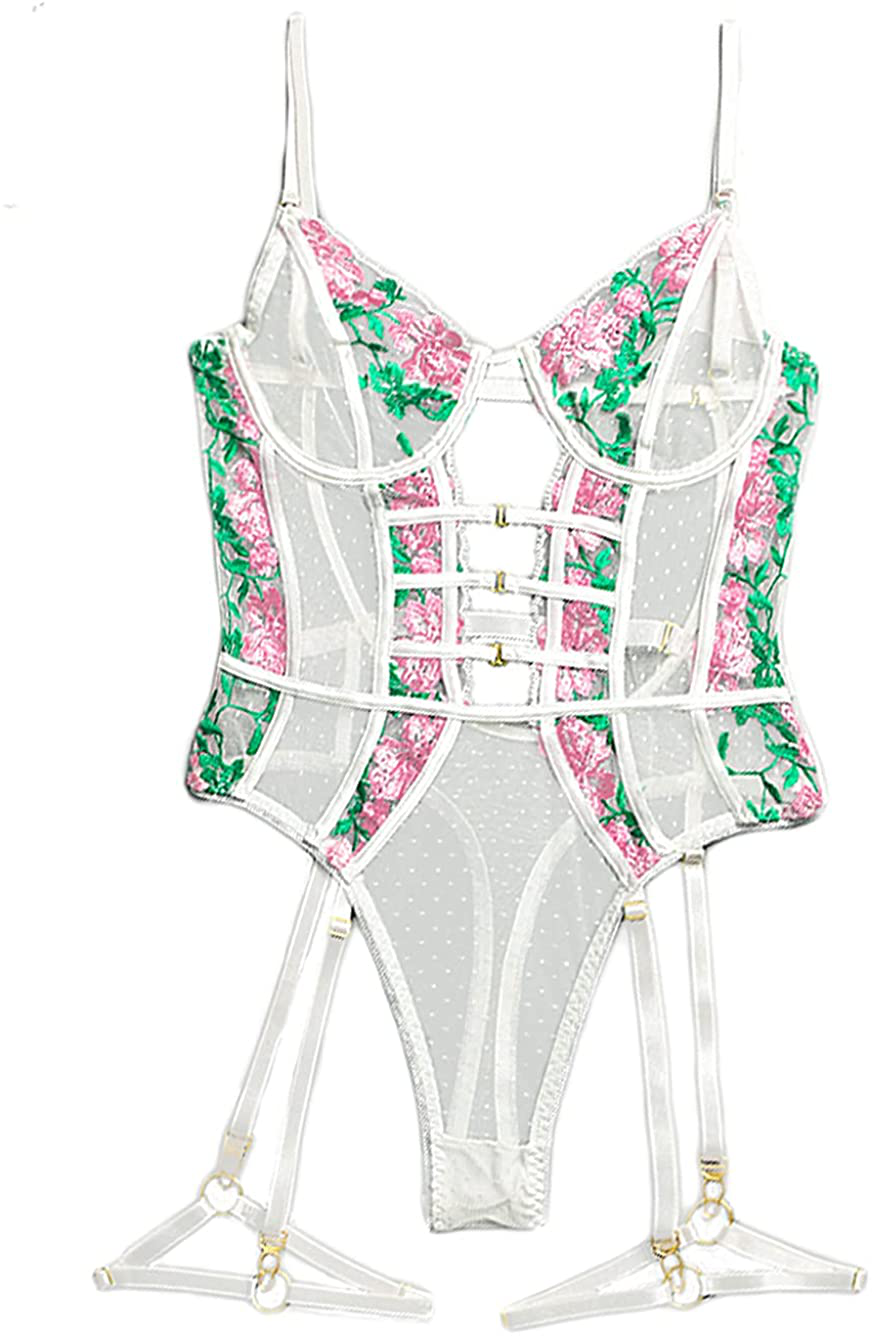 Teddy Lingerie for Women,Embroidered Sexy Floral Lace Bodysuit,Snap Crotch One Piece Body Suit Apparel & Accessories > Clothing > Underwear & Socks > Lingerie Kaei&Shi White 0-2