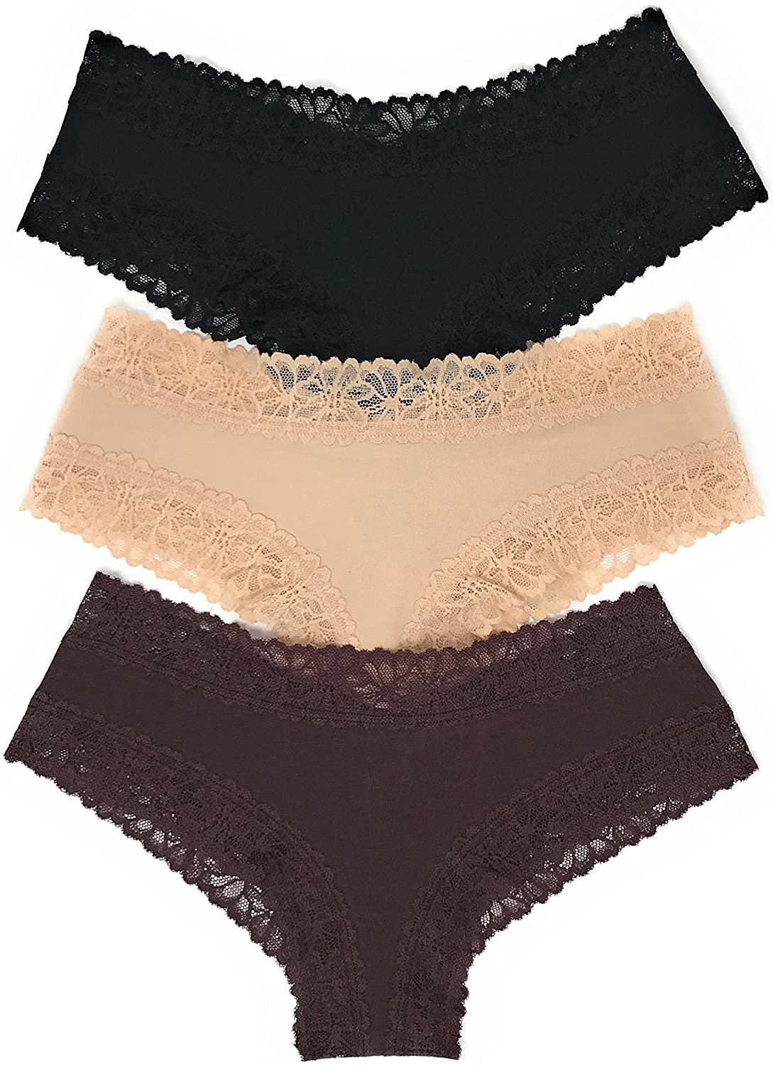 Victoria'S Secret Pink Cheekster Panty Set of 3  Victoria's Secret Lace Trim Black / Nude / Burnt Umber X-Large
