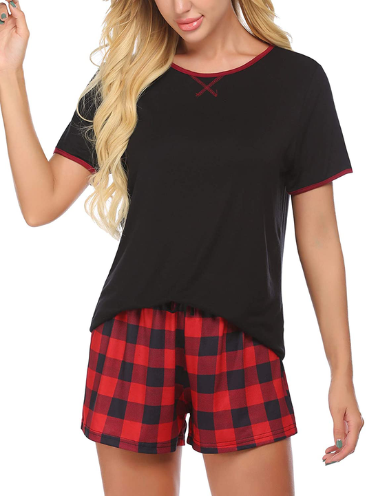 Ekouaer Pajamas Women Short Sleeve with Plaid Shorts Cute Sleepwear Teen Girl Cartoon Sleep Tee Summer Lounge Pj Set Gift Apparel & Accessories > Clothing > Sleepwear & Loungewear > Pajamas Ekouaer A-black Small