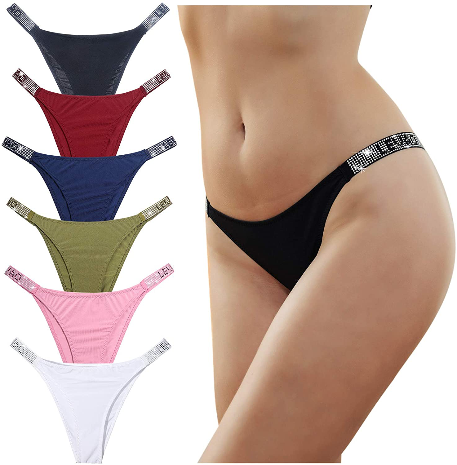 Sexy Panties, LEVAO Thongs for Women Letter Rhinestones G-String Low-rise Tanga Stretch Underwear Pack of 6 Apparel & Accessories > Clothing > Underwear & Socks > Underwear LEVAO 6-color Mixed Thong Medium