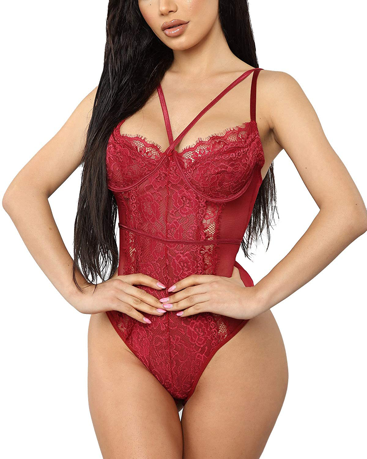 Aranmei Women's Sexy Eyelash Lace bodysuit Snap Crotch Teddy Lingerie Apparel & Accessories > Clothing > Underwear & Socks > Lingerie Aranmei Wine Red XX-Large
