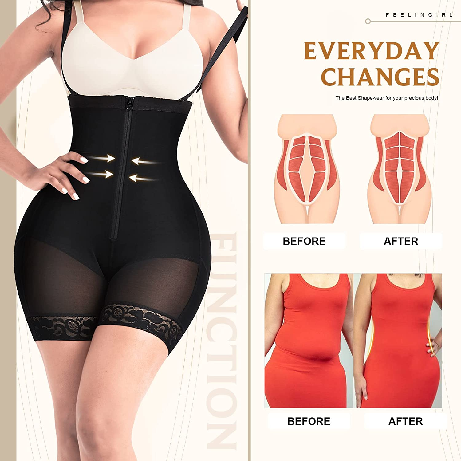 Feelingirl Shapewear for Women Seamless Firm Triple Control Faja plus Size Thigh Slimmer Tummy Control Body Shaper Apparel & Accessories > Clothing > Underwear & Socks > Shapewear FeelinGirl