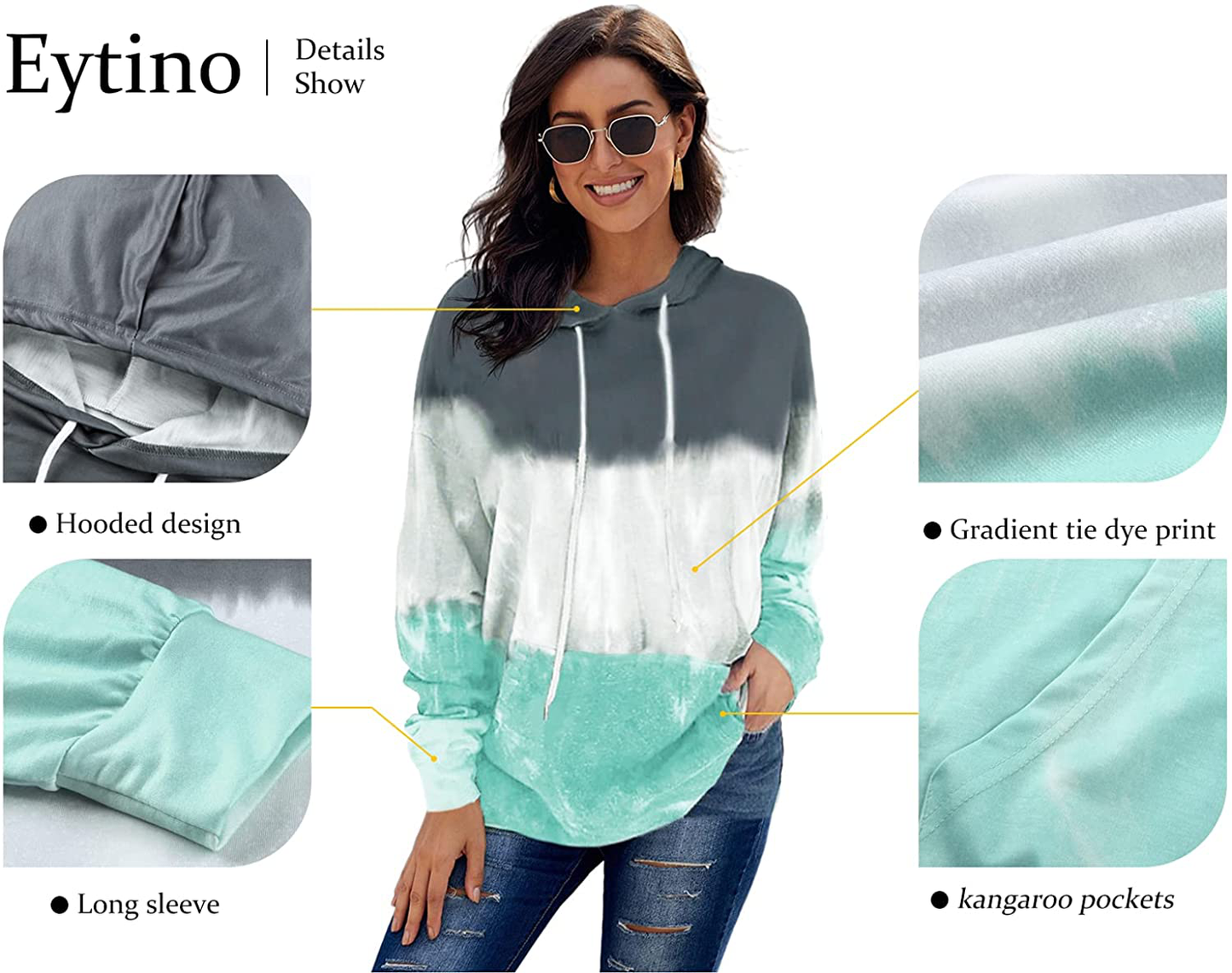 Eytino Women Hoodies Tops Tie Dye Printed Long Sleeve Drawstring Pullover Sweatshirts with Pocket(S-Xxl) Apparel & Accessories > Clothing > Activewear Kylie Max