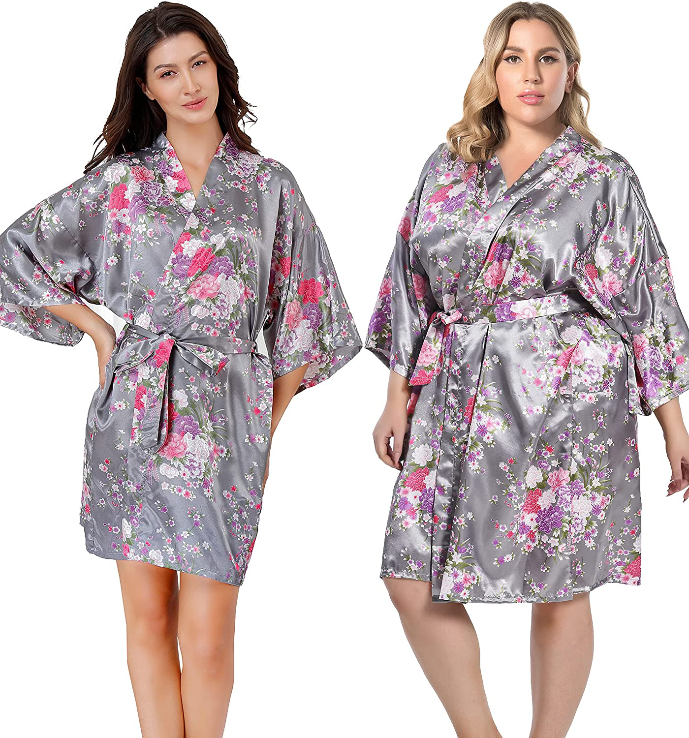 EPLAZA Women Floral Satin Robe Bridal Dressing Gown Wedding Bride Bridesmaid Kimono Sleepwear Apparel & Accessories > Clothing > Sleepwear & Loungewear > Robes EPLAZA Grey Small-Medium