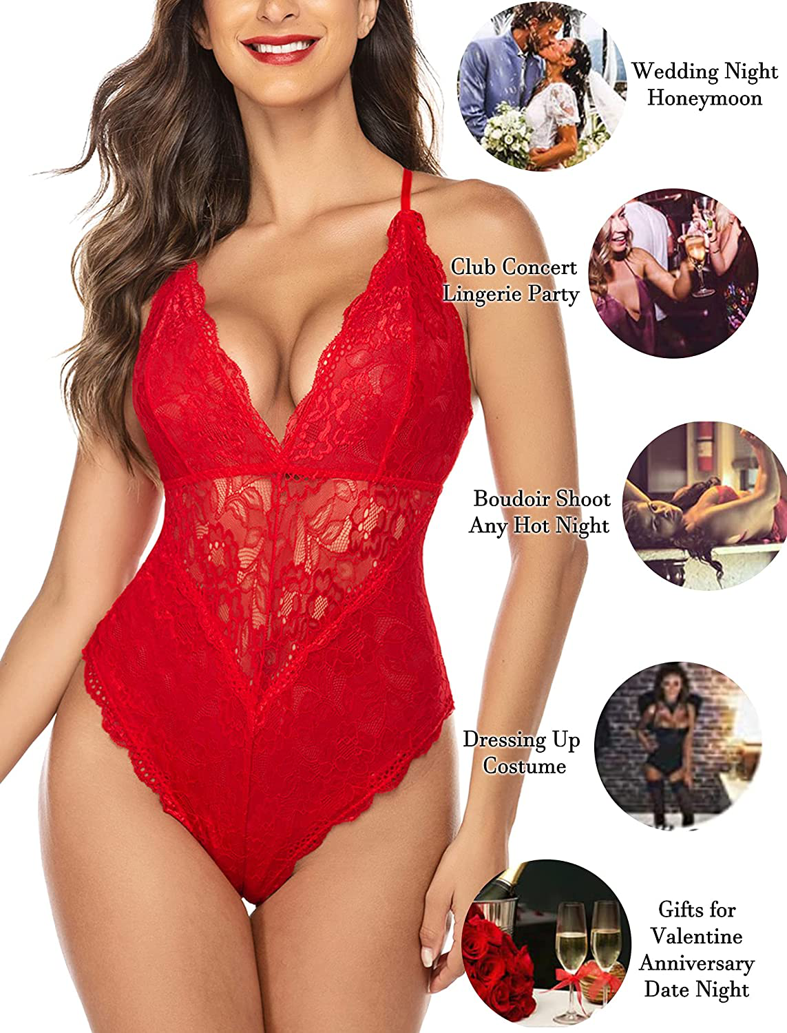 Avidlove Women Snap Crotch Lingerie Sexy Lace Bodysuit Deep V Teddy One Piece Lace Babydoll Apparel & Accessories > Clothing > Underwear & Socks > Lingerie Kylie Max