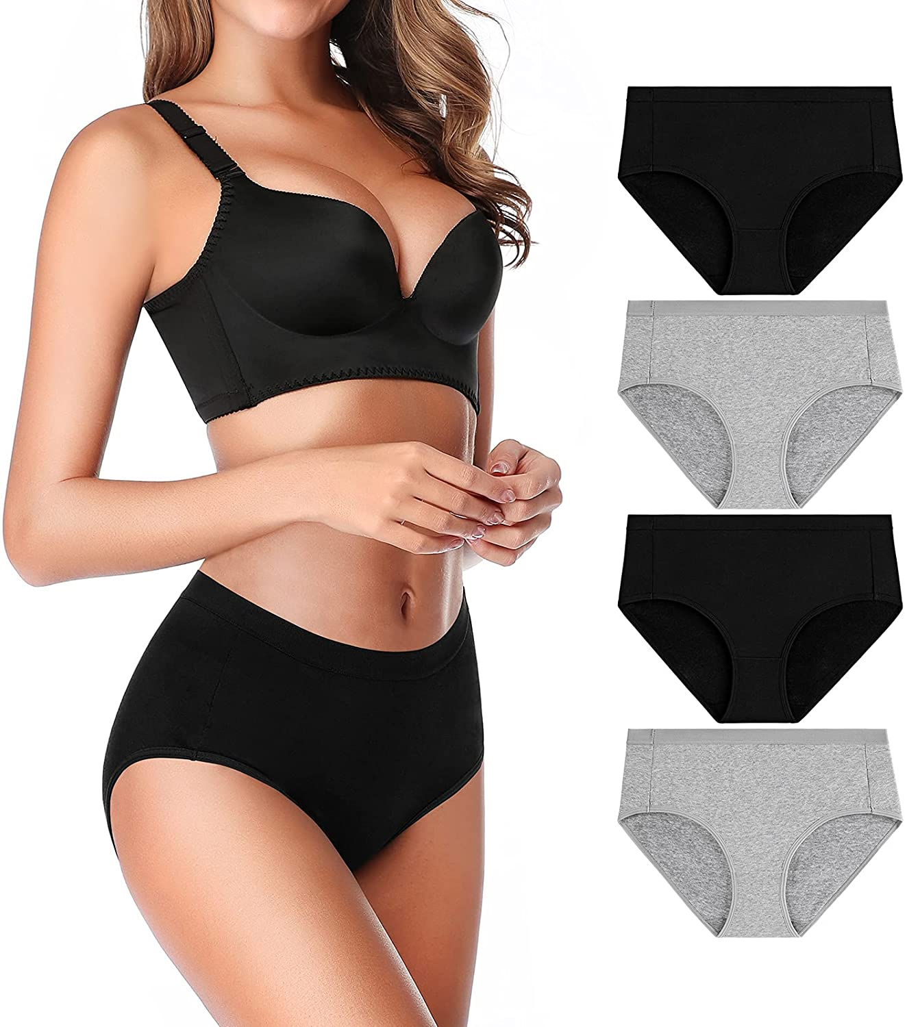 OLIKEME Womens Underwear Mid Waist Full Coverage Breathable Cotton Ladies Briefs Hipster Panties for Women Apparel & Accessories > Clothing > Underwear & Socks > Underwear OLIKEME 2gray+2black=total 4 Pack X-Large
