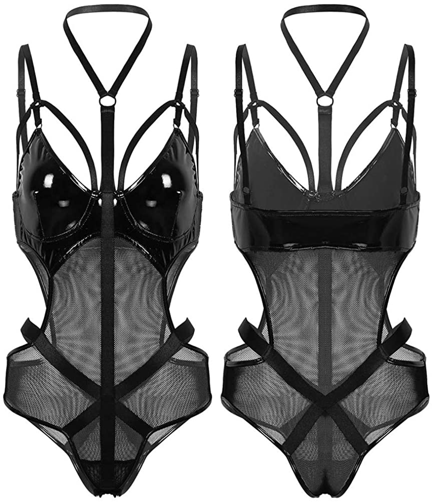 Crubelon Women’s Lingerie Leather Bodysuit Mesh Patchwork Halter Neck High Cut Leotard Bodysuit Clubwear … Apparel & Accessories > Clothing > Underwear & Socks > Lingerie Crubelon
