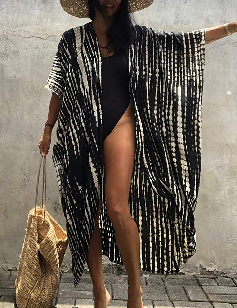 Bsubseach Stylish Tie Dye Open Front Long Kimono Swimsuit Cover up for Women Apparel & Accessories > Clothing > Swimwear Kylie Max