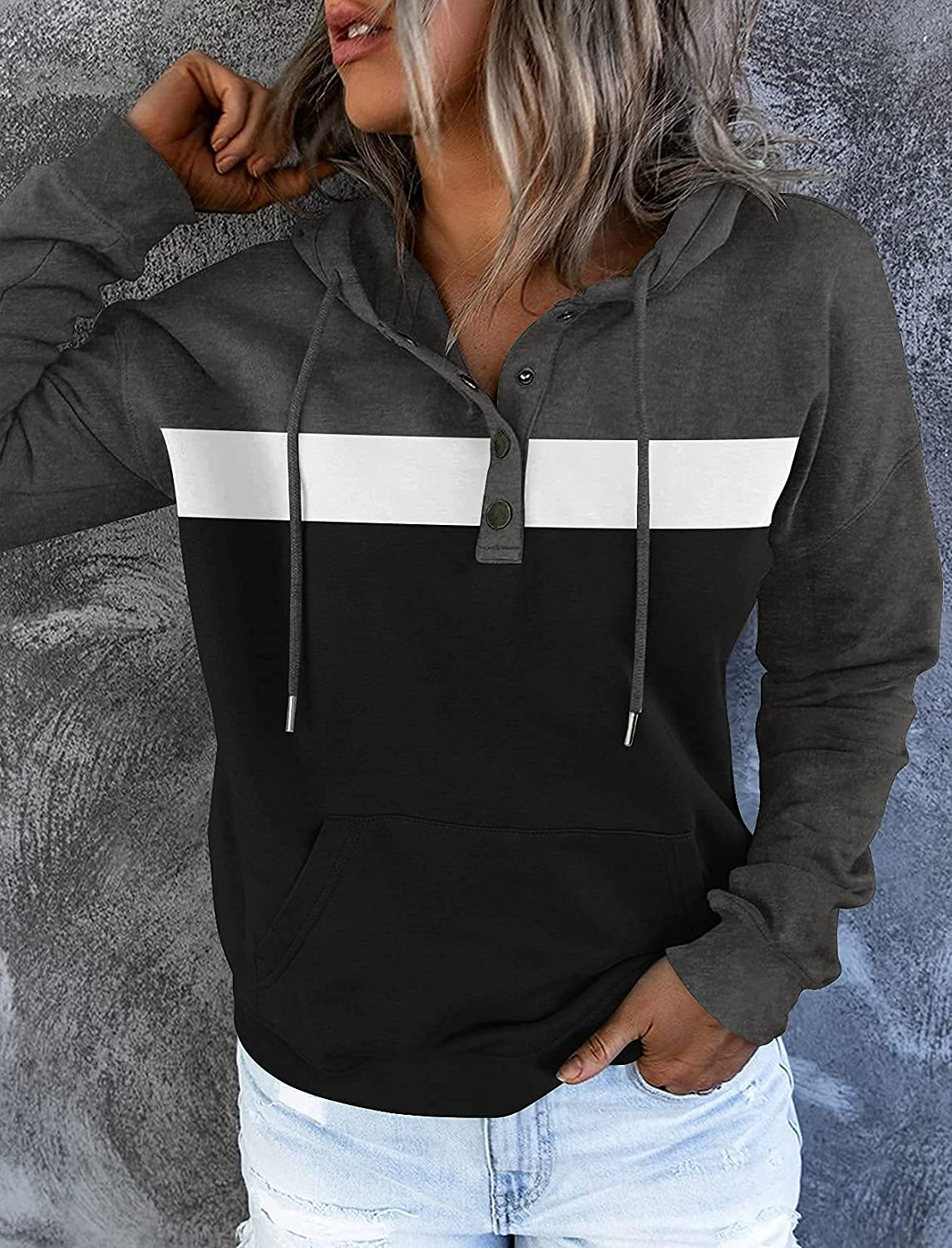 Women'S Casual Color Block Hoodies Long Sleeve Tops Button down Drawstring Pullover Sweatshirts with Pocket Apparel & Accessories > Clothing > Activewear Kylie Max
