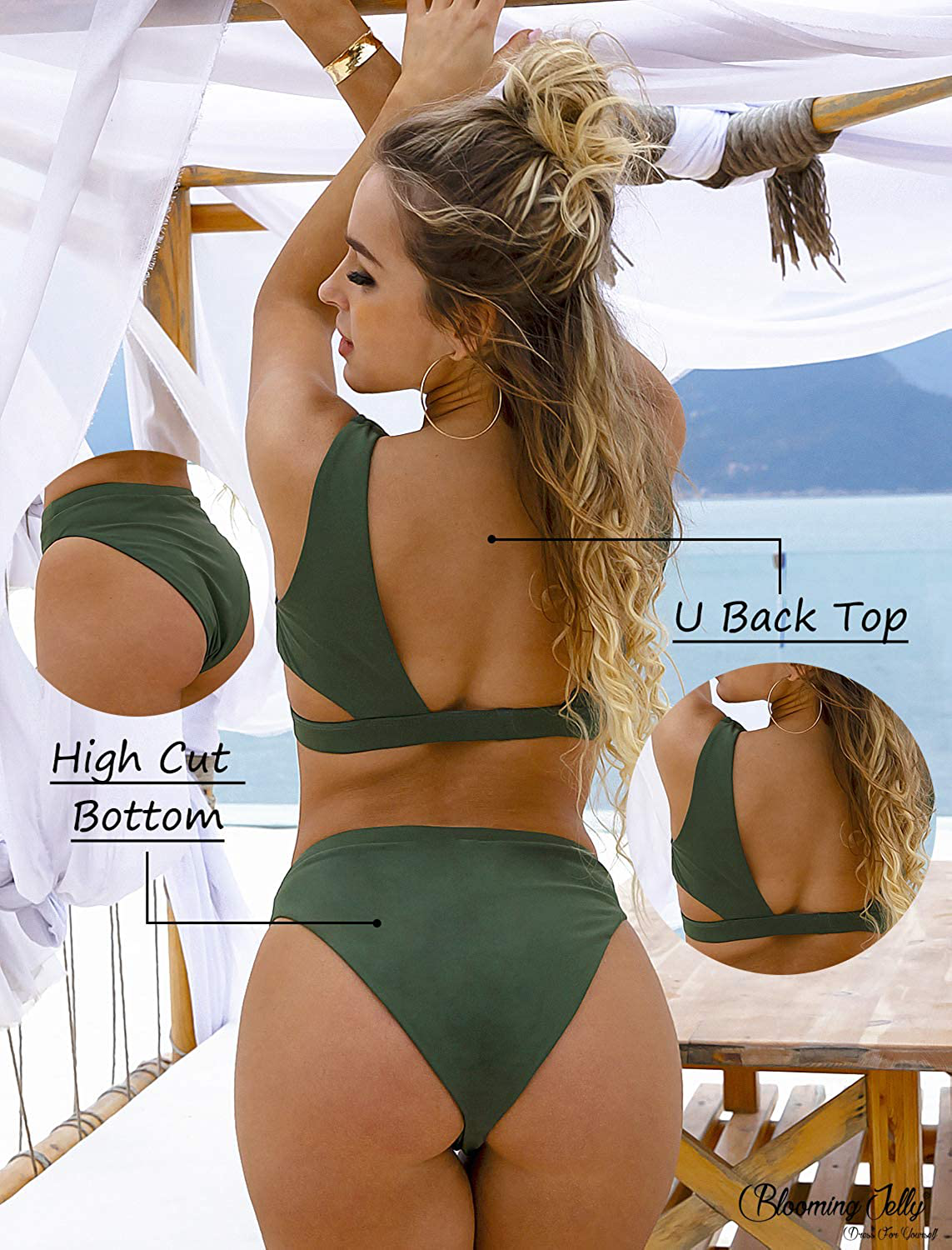 Blooming Jelly Women's High Waisted Swimsuit Crop Top Cut Out Two Piece Cheeky High Rise Bathing Suit Bikini Apparel & Accessories > Clothing > Swimwear Blooming Jelly