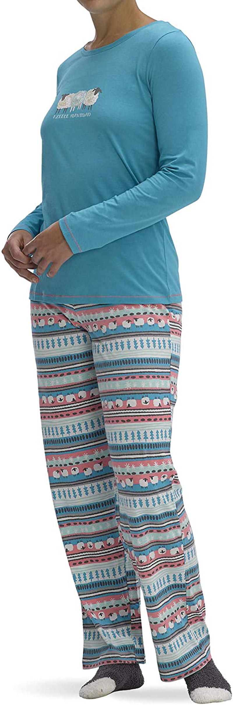 HUE Women's Printed Knit Tee and Pant 3 Piece Pajama Set Apparel & Accessories > Clothing > Sleepwear & Loungewear > Pajamas HUE Peacock Blue - Friendsheep Large