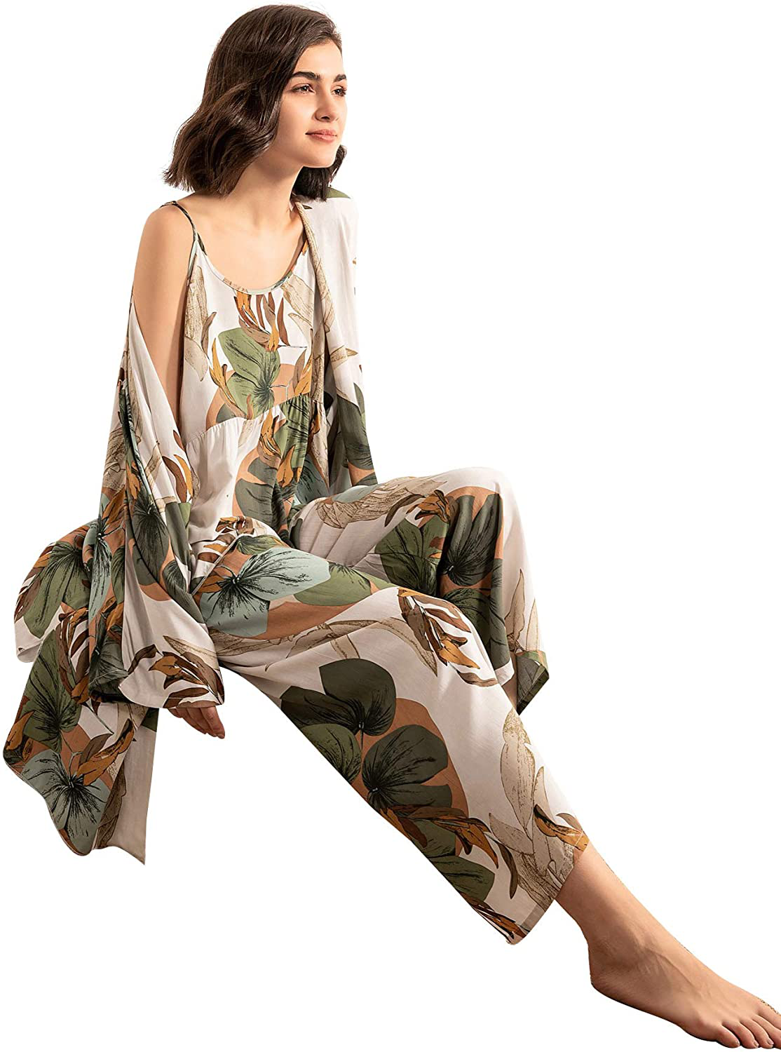 WDIRARA Women'S 3 Pcs Sleepwear Leaf Print Cami and Pants Pajama Set with Robe Apparel & Accessories > Clothing > Sleepwear & Loungewear Kylie Max