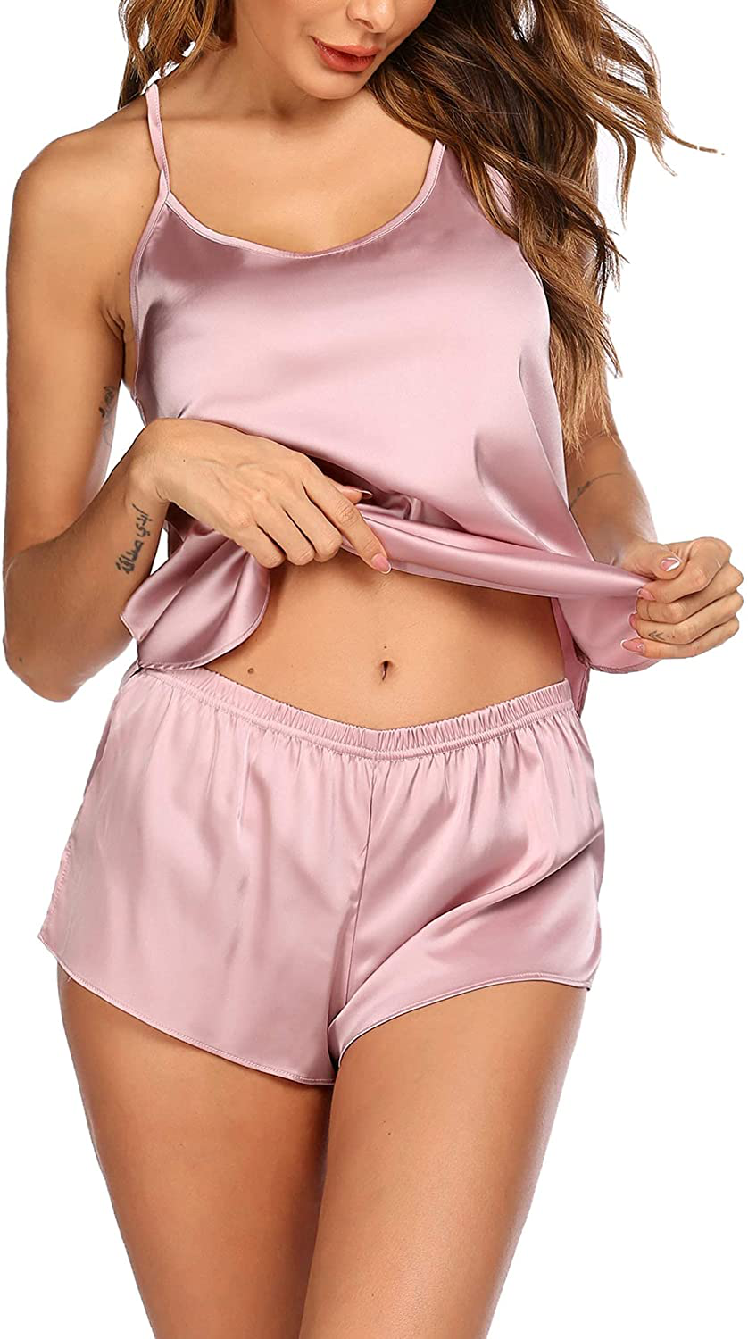 Sheshow Women'S Cami Shorts Sets Satin Sexy Lingerie Pajamas Silky Pjs Sleepwear O Neck Nightwear Lounge Set S-XXL Apparel & Accessories > Clothing > Sleepwear & Loungewear Kylie Max
