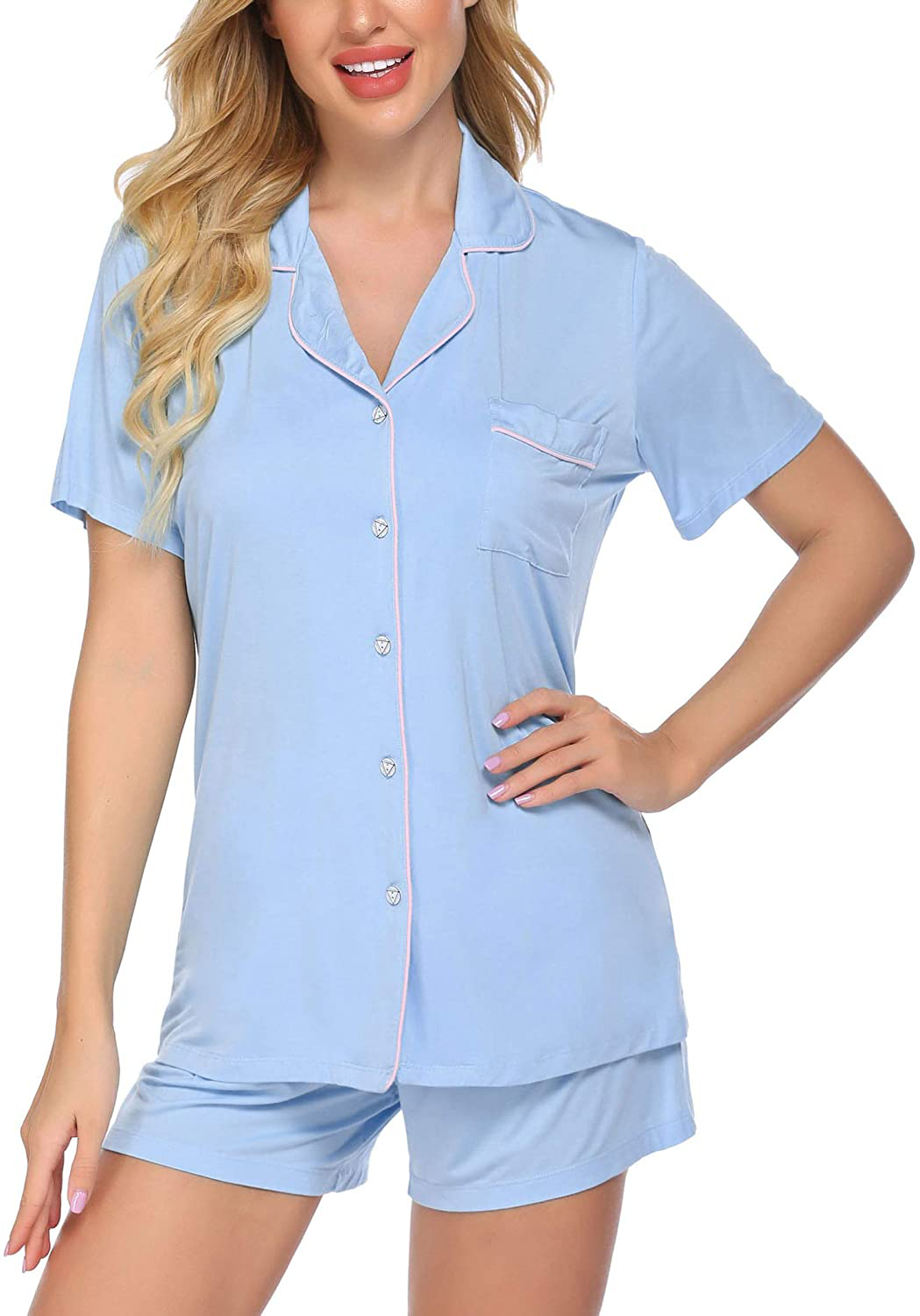 Ekouaer Pajamas Set Short Sleeve Sleepwear Womens Button Down Nightwear Soft Pj Lounge Sets XS-XXL Apparel & Accessories > Clothing > Sleepwear & Loungewear > Pajamas Ekouaer Light Sky Blue Small