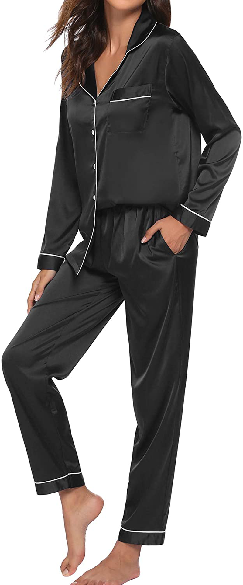 Ekouaer Satin Pajamas Women’S Long Sleeve Sleepwear Silk Soft Button down Loungewear Pjs Set S-XXL Apparel & Accessories > Clothing > Sleepwear & Loungewear Kylie Max