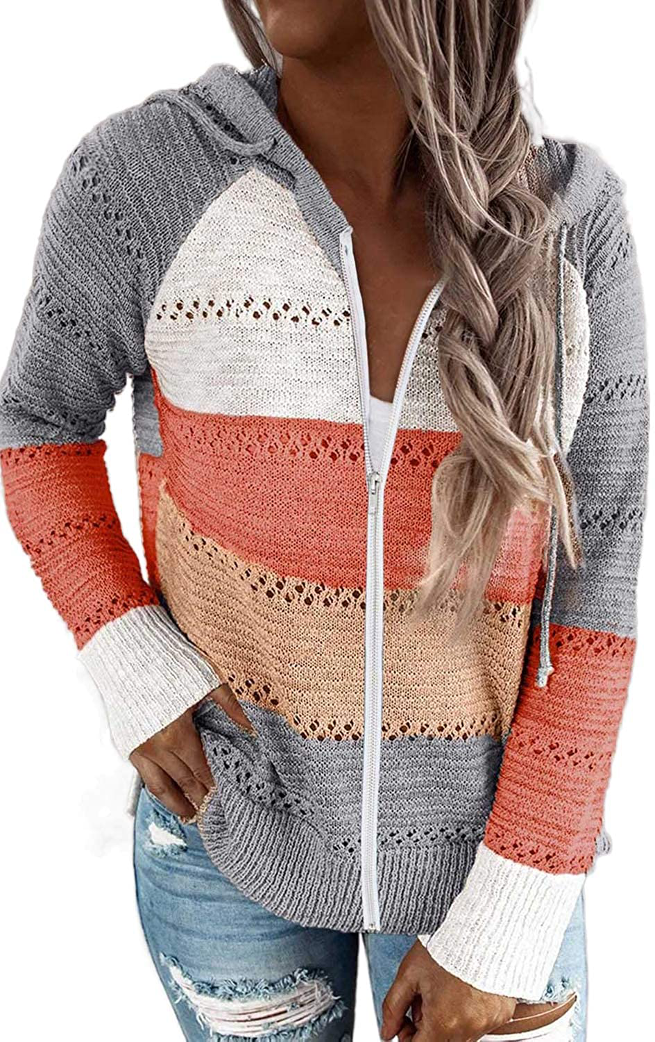 BTFBM Women Zip up Striped Hoodies Jackets Color Block Print Long Sleeve Drawstring Stretchy Casual Pullover Sweatshirts Apparel & Accessories > Clothing > Activewear Kylie Max