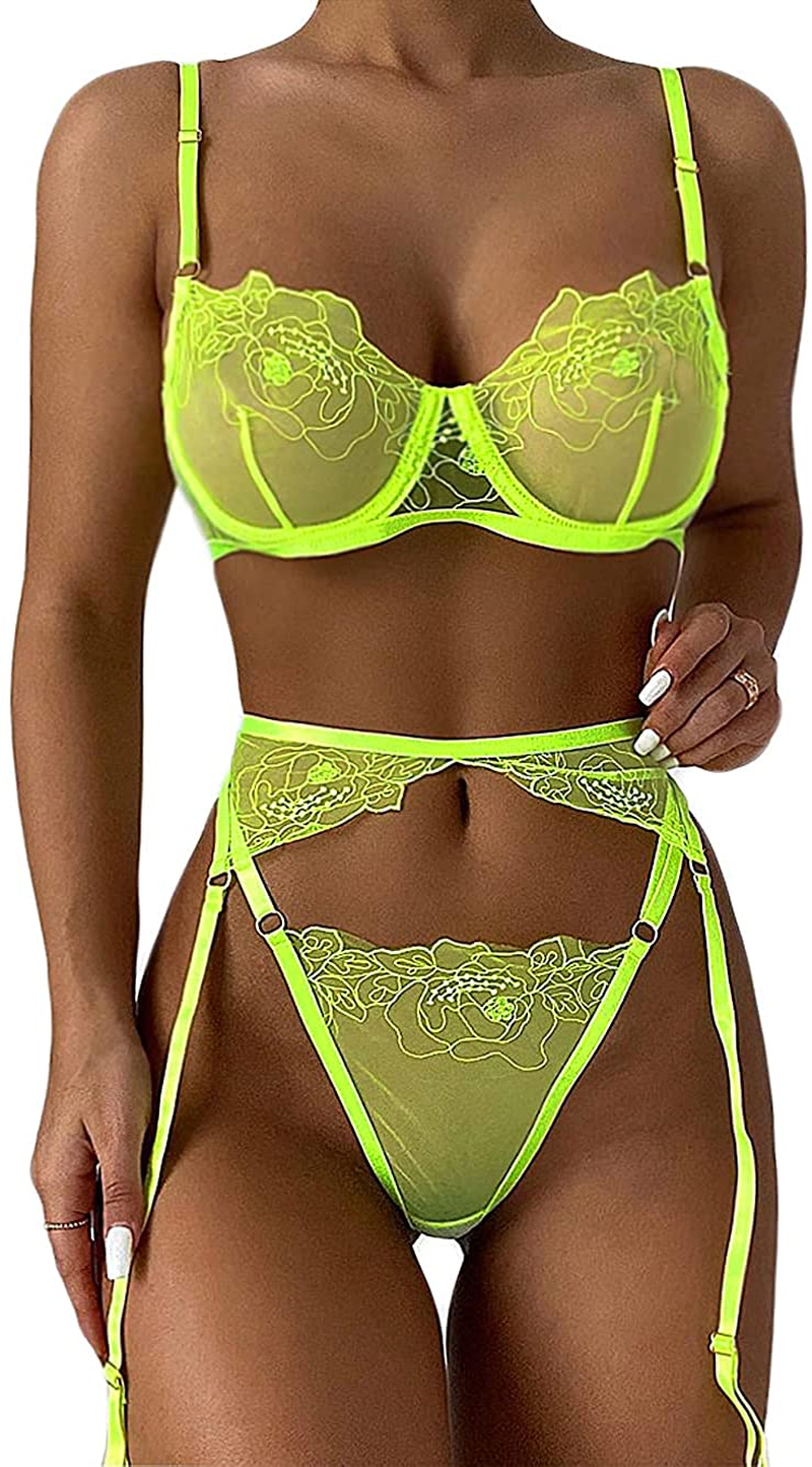 Kaei&Shi Embroidered Mesh Sheer,Underwire Cutout,High Cut Thong,Belt Garter Lingerie Set Apparel & Accessories > Clothing > Underwear & Socks > Lingerie Kaei&Shi Neon Green 12