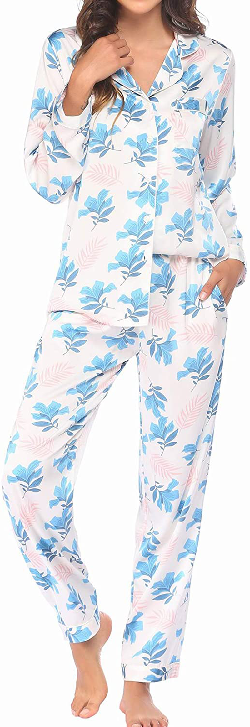 Ekouaer Satin Pajamas Women’S Long Sleeve Sleepwear Silk Soft Button down Loungewear Pjs Set S-XXL Apparel & Accessories > Clothing > Sleepwear & Loungewear > Pajamas Kylie Max