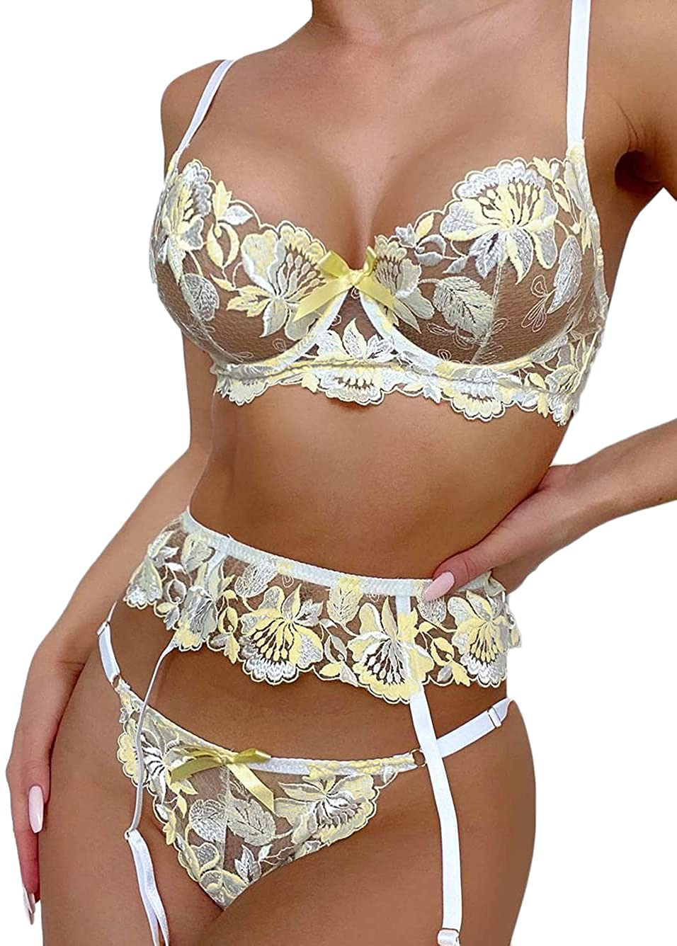 Kaei&Shi Floral Embroidered Mesh Sheer,Underwire,G-String,Garter Lingerie Set Apparel & Accessories > Clothing > Underwear & Socks > Lingerie Kaei&Shi Yellow 14