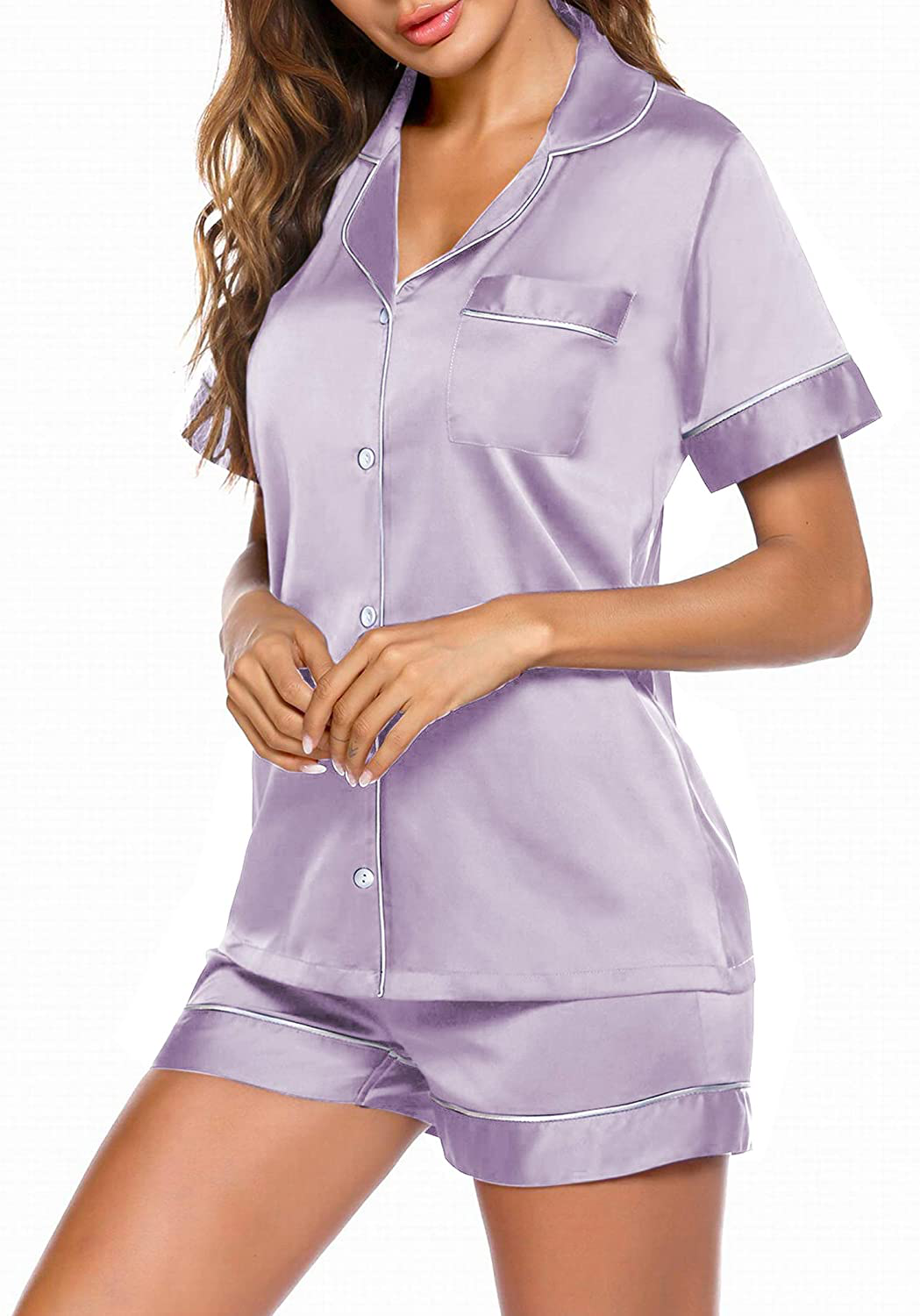 Ekouaer Satin Pajamas Women'S Short Sleeve Sleepwear Soft Silk Button down Loungewear Pjs Shorts Set S-XXL Apparel & Accessories > Clothing > Sleepwear & Loungewear Kylie Max